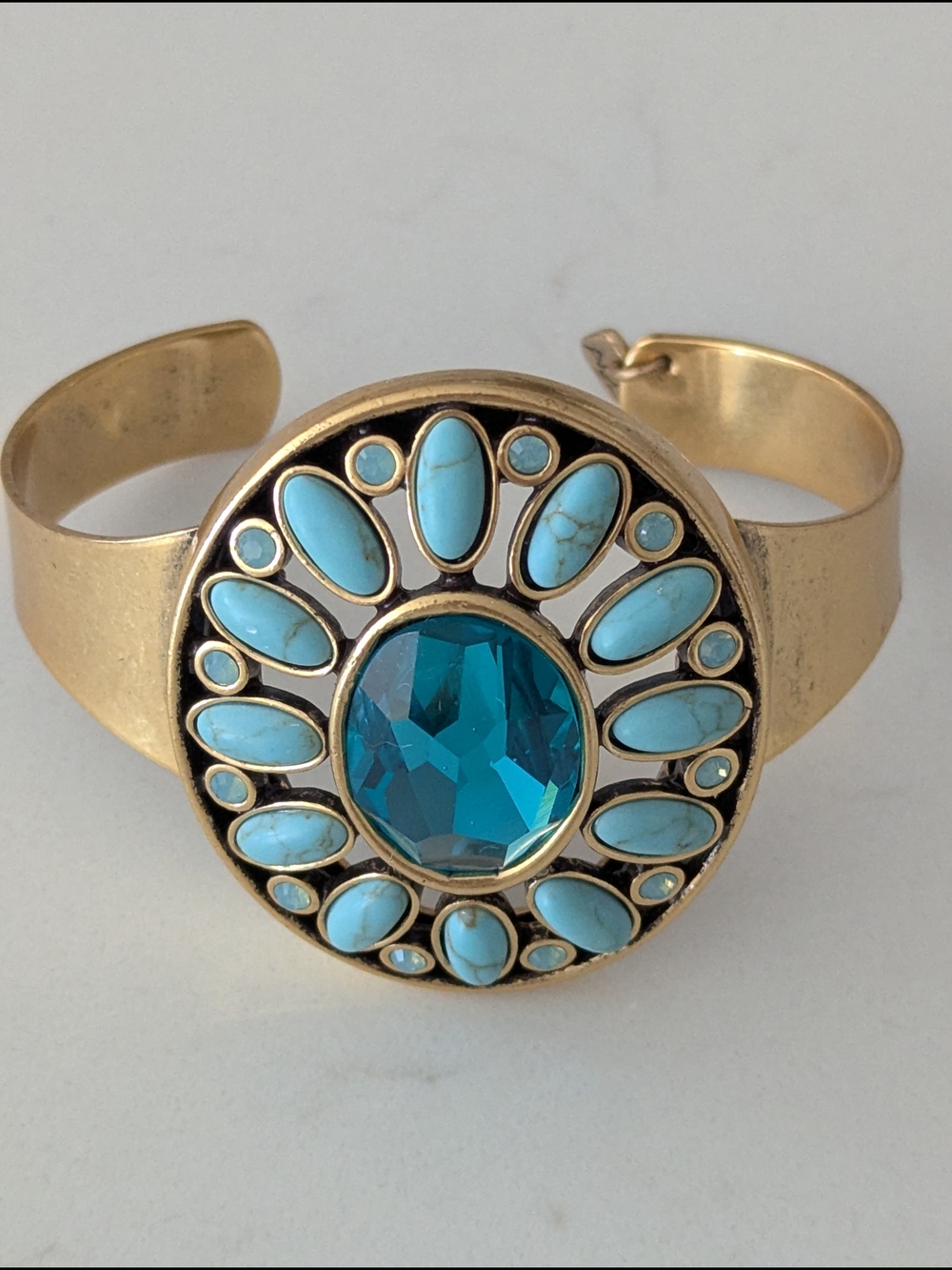 Gold-Tone cuff Bracelet with Turquoise Accent Stones and Teal Center crystal